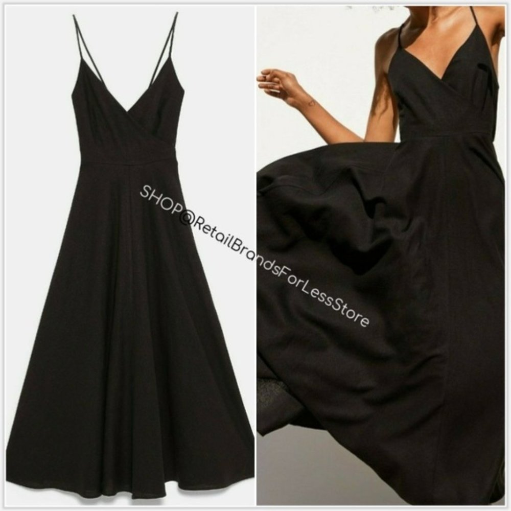 ZARA BLACK LINEN WRAP BOW TIE BACK MIDI MAXI DRESS $69.90